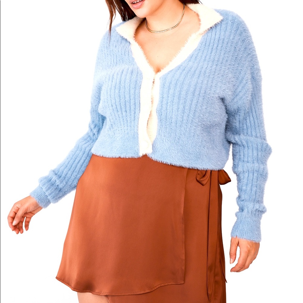 Cotton On Collar Fluffy rib cardigan Argyle soft blue champagne XL new